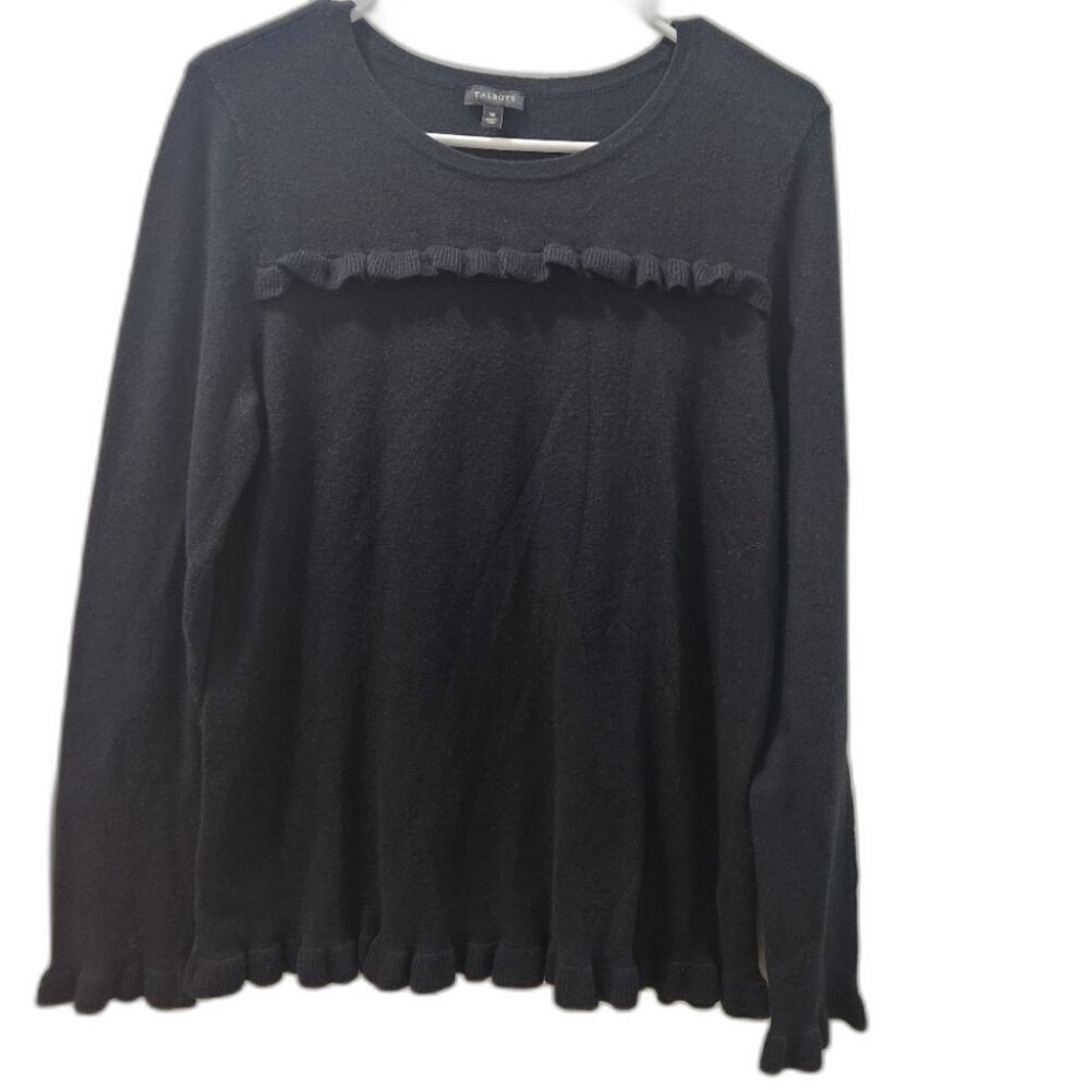 Talbots Black Pullover Sweater Top Ruffles Cotton Rayon Cashmere Blend Size M